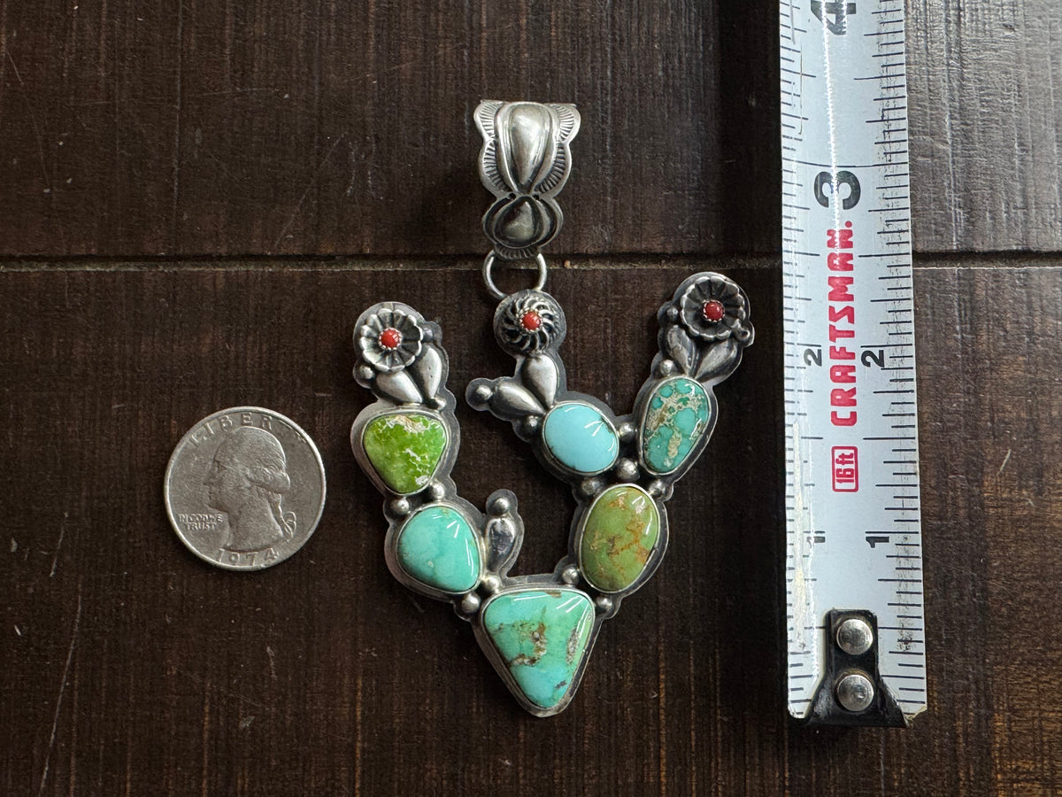 Native American Handmade Turquoise Cactus Sterling Silver Pendant