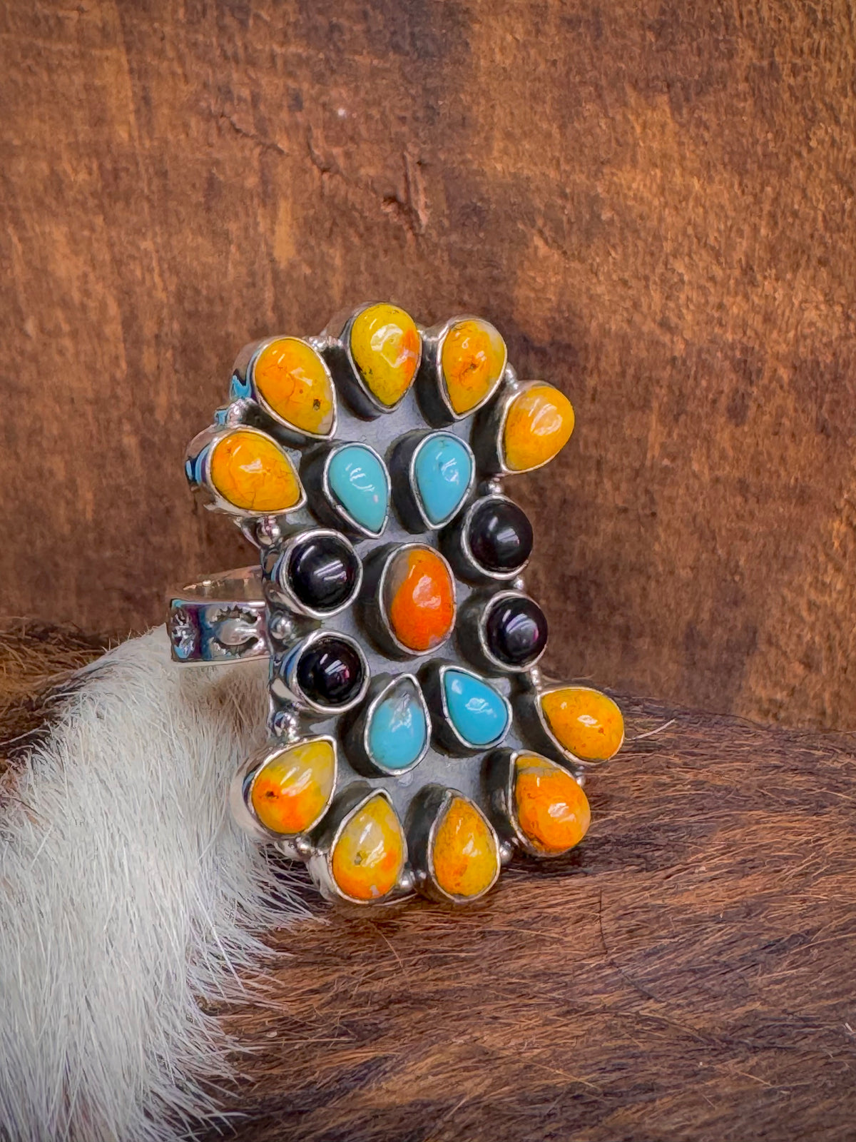 Beautiful Handmade Bumble Bee, Onyx Turquoise And Sterling Silver Adjustable Ring