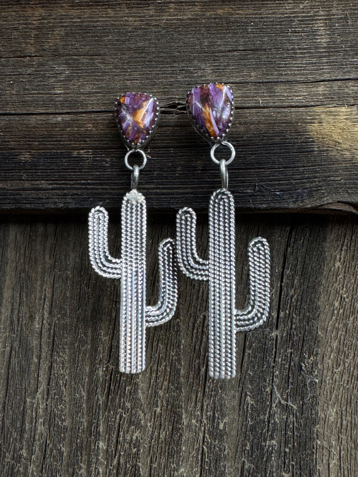 Native American Handmade Sterling Silver Cactus Earrings with Purple and Orange Spiny Oyster