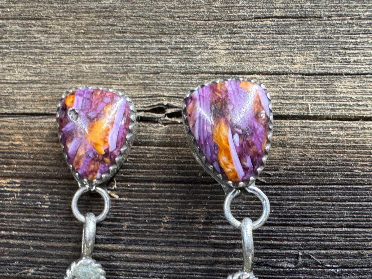 Native American Handmade Sterling Silver Cactus Earrings with Purple and Orange Spiny Oyster