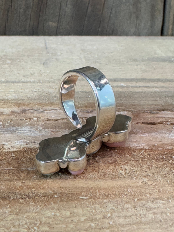 Beautiful Handmade Golden Hills Turquoise, Pink Conch And Sterling Silver Adjustable Ring