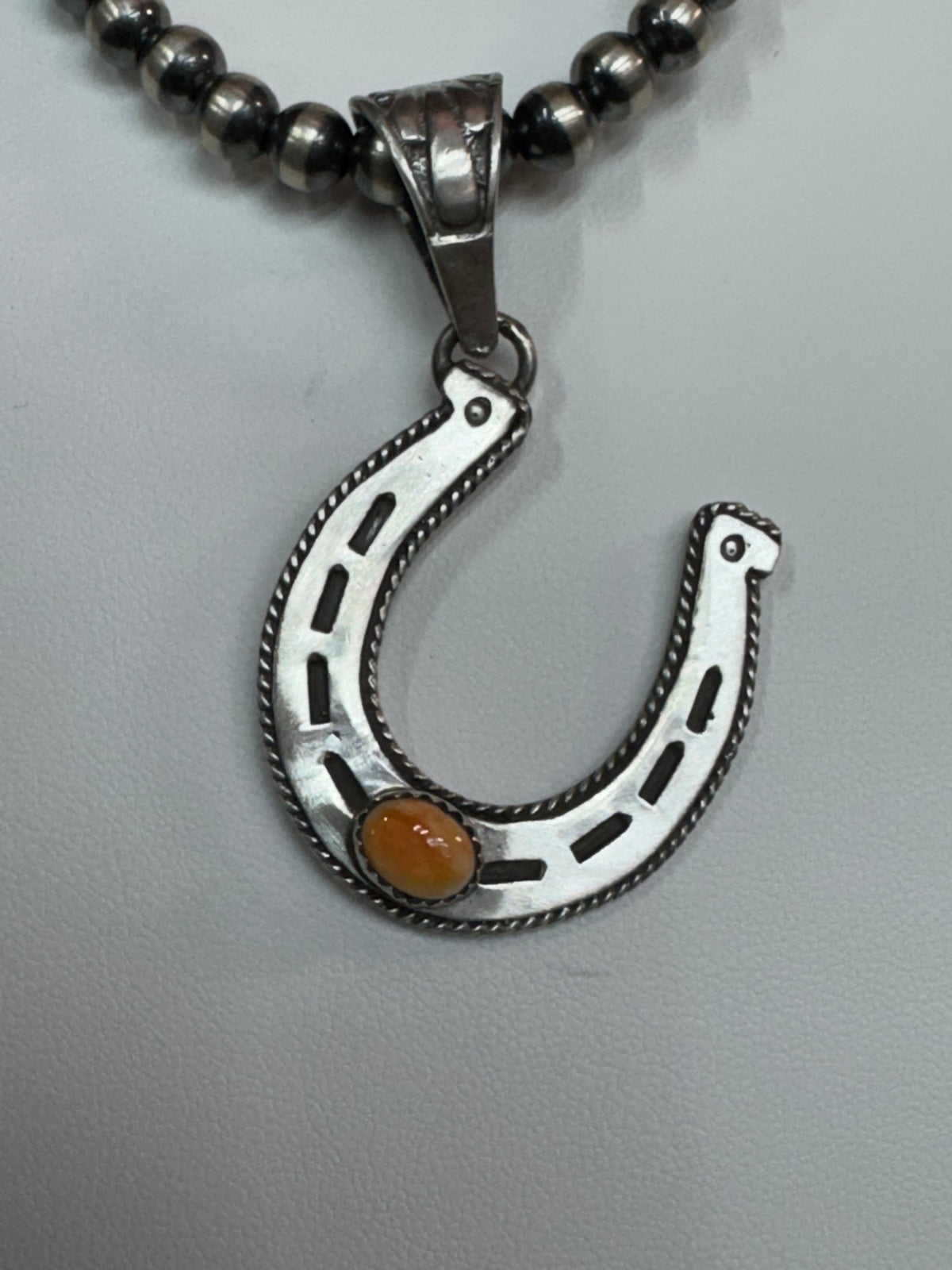 Native American Handmade Sterling Silver Horseshoe Pendant with Stone