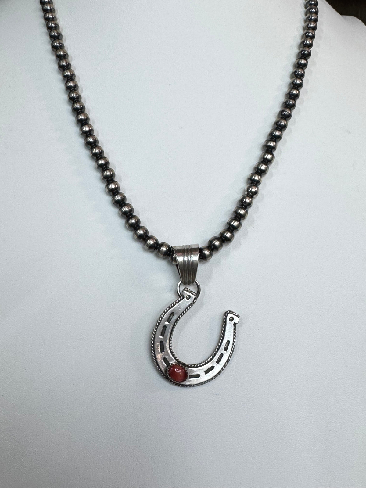 Native American Handmade Sterling Silver Horseshoe Pendant with Stone