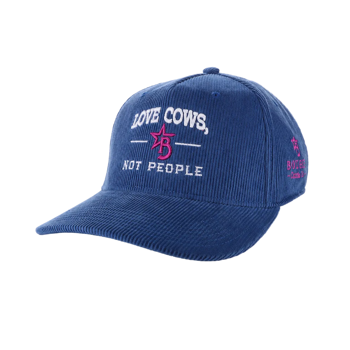 Blue cap with text 'Love Cows, Not People' on a white background