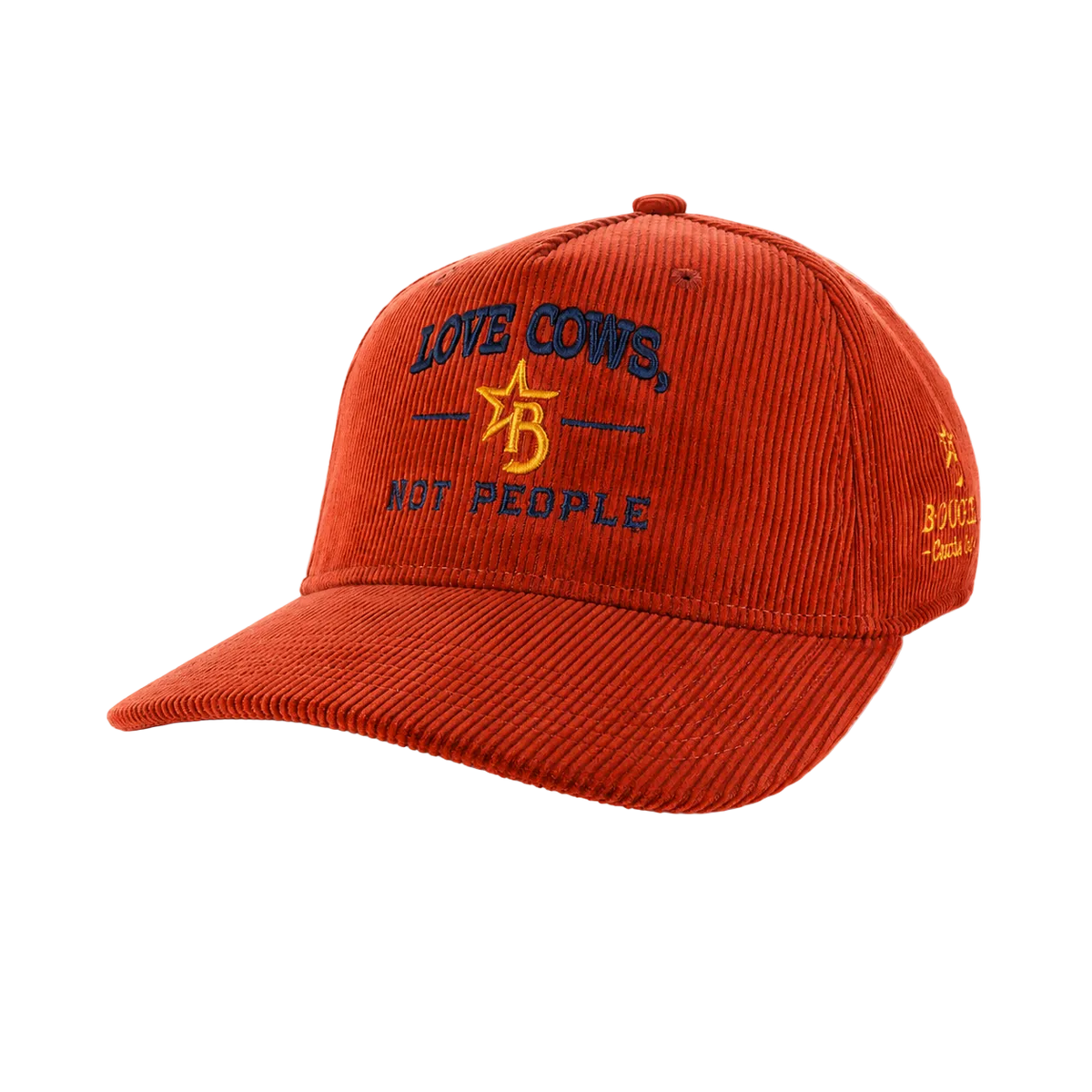 Orange cap with text 'Love Cows, Not People' on a white background