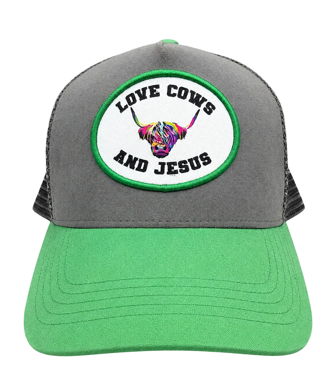 Gray and green cap with a colorful cow design and text on a transparent background