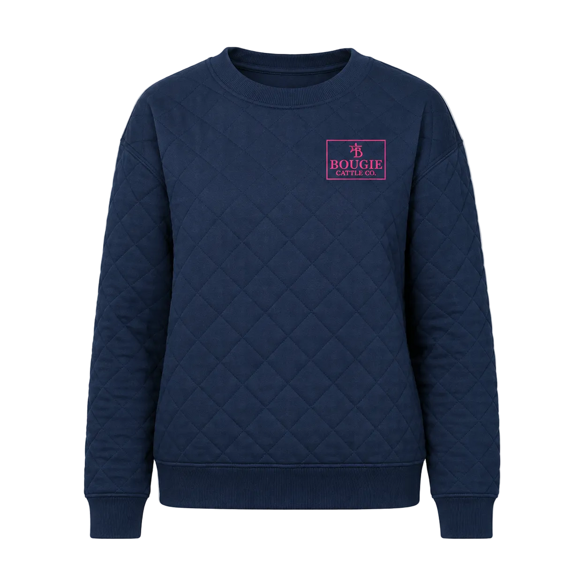 Navy blue quilted sweatshirt with a pink logo on a white background