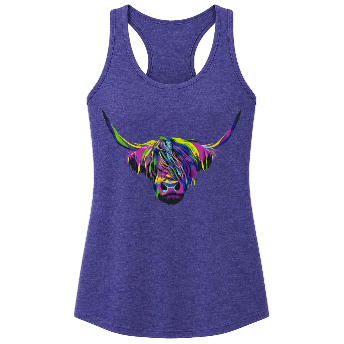 Blue tank top with a colorful cow design on a white background