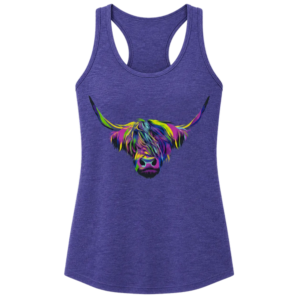 Blue tank top with a colorful cow design on a white background