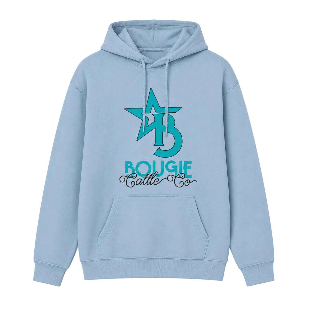 Light blue hoodie with a star and text design on a transparent background