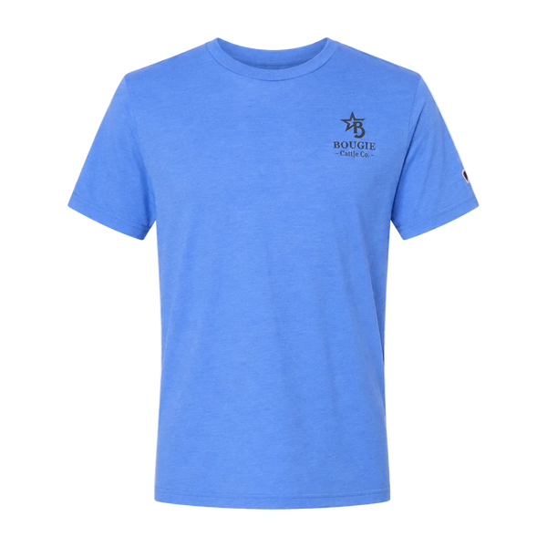 Blue t-shirt with a logo on the chest against a transparent background