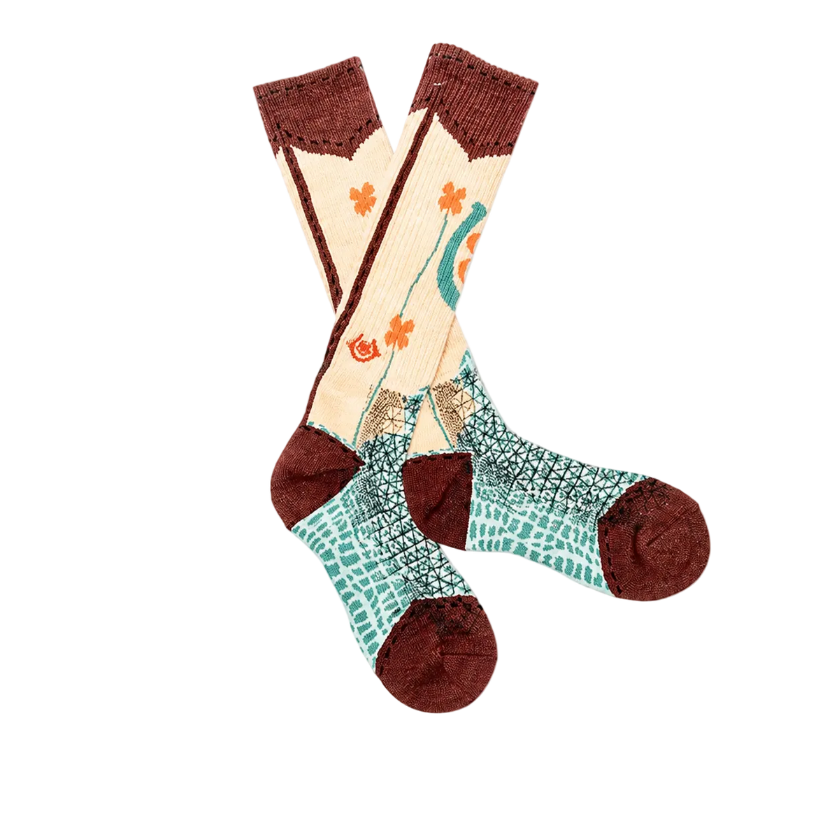 Pair of socks with floral pattern on a white background
