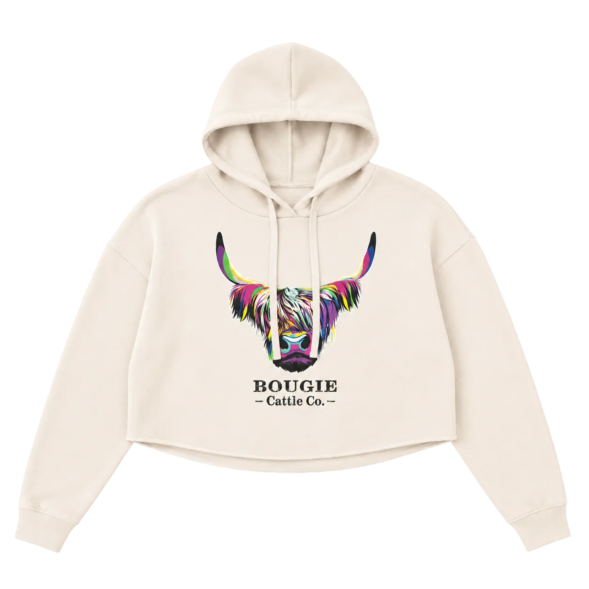 Beige hoodie with colorful cow graphic and 'Bougie Cattle Co.' text on a transparent background