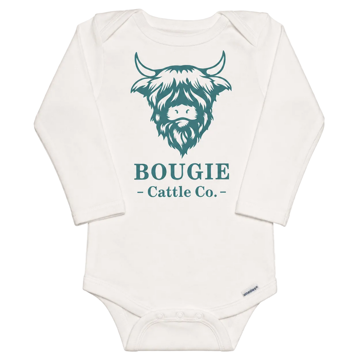 White baby onesie with teal graphic and text on a transparent background
