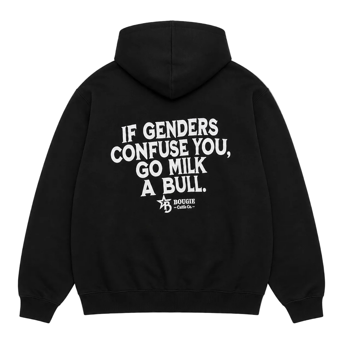 Black hoodie with white text on the back on a transparent background