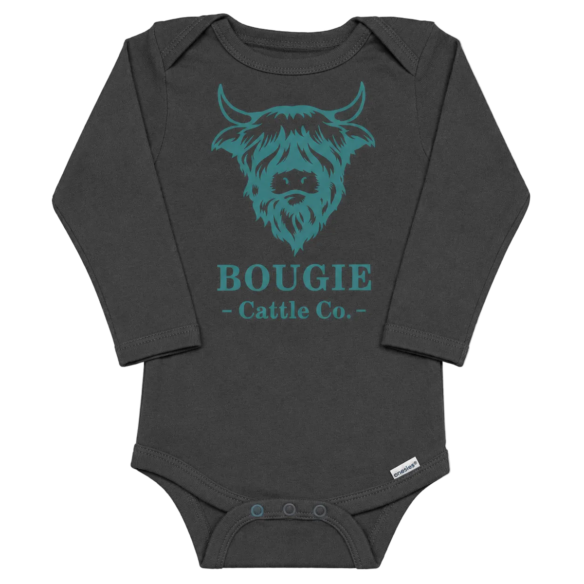 Black baby onesie with teal graphic and text on a white background
