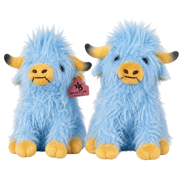 Two blue plush yaks with yellow accents on a white background