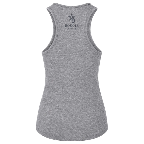 Gray tank top with branding on the back against a white background