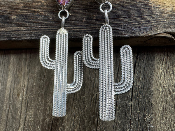 Native American Handmade Sterling Silver Cactus Earrings with Purple and Orange Spiny Oyster