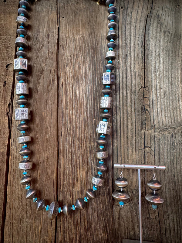 Handmade Native American Sterling Silver Necklace Earrings Set with Turquoise