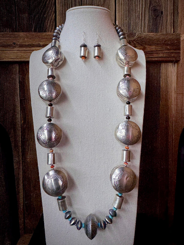 Handmade Native American Sterling Silver Necklace and Earrings With Turquoise, Pink Conch, Onyx and Spiny Oyster