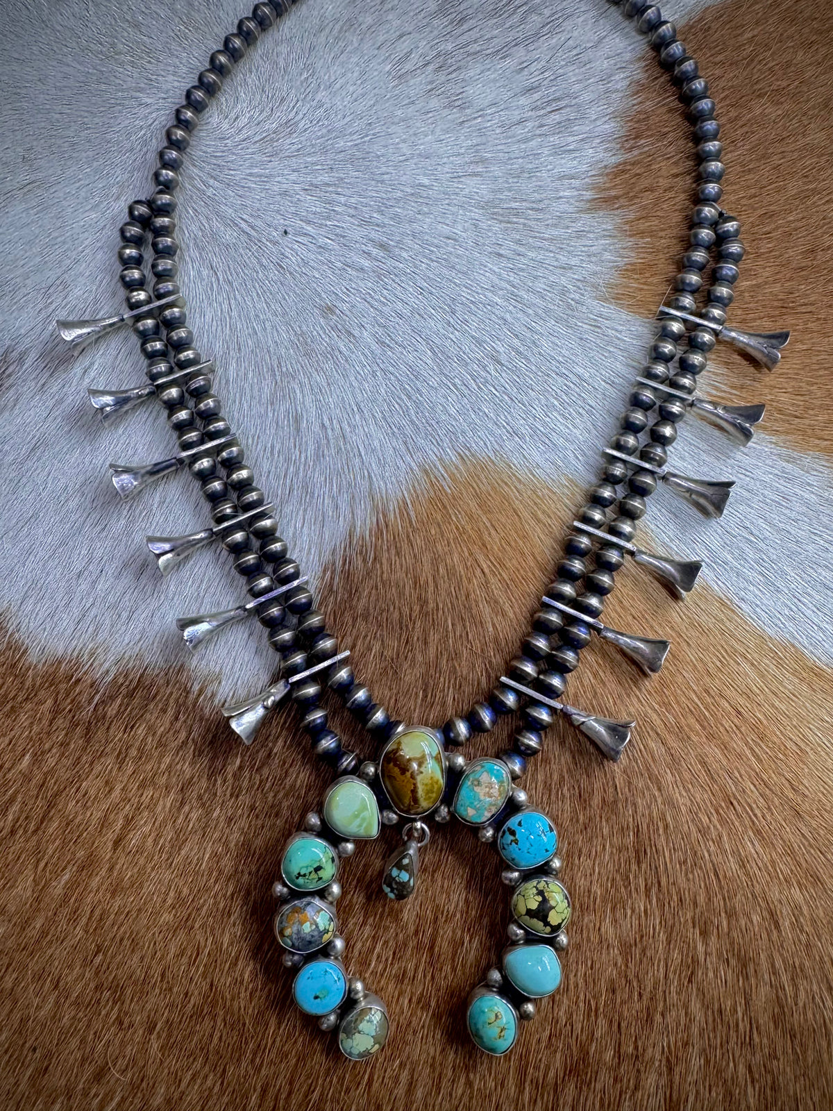 Handmade Native American Turquoise Sterling Silver Squash Blossom Necklace
