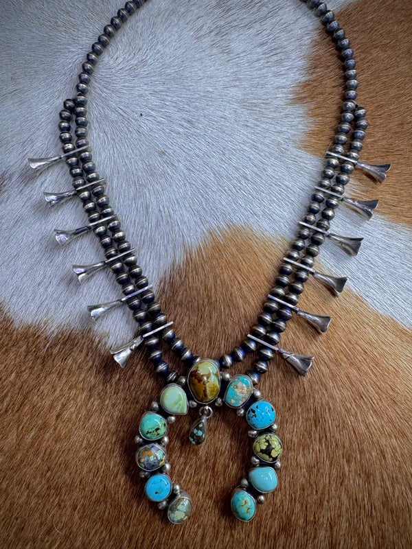 Handmade Native American Turquoise Sterling Silver Squash Blossom Necklace