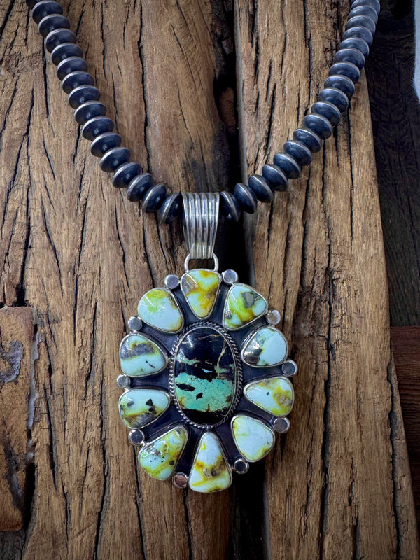 Hand Made Black Jack and Palomino Turquoise Cluster Sterling Silver Pendent Artist Stamped