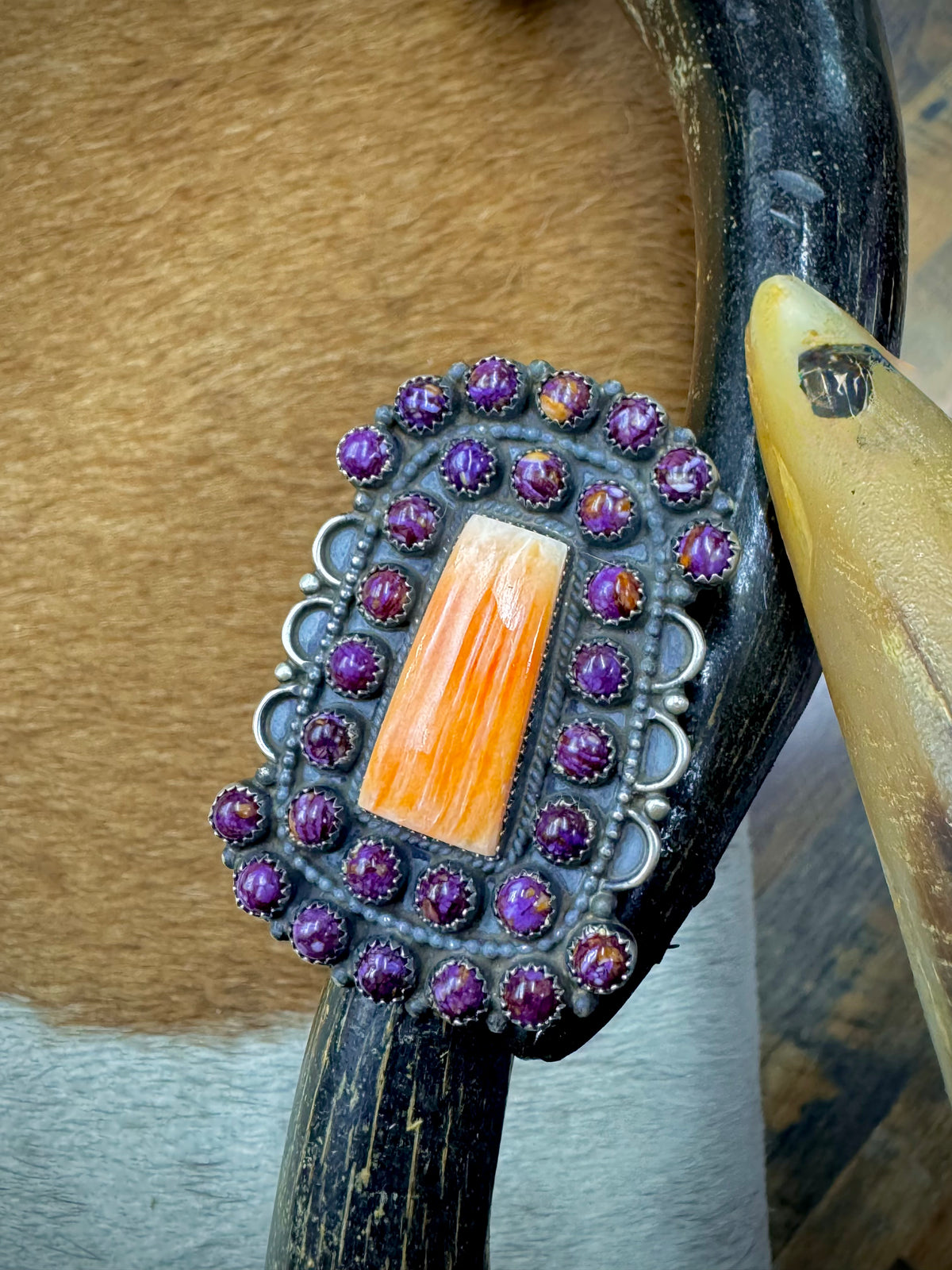 Handmade Native American Orange and Purple Spiny Oyster Statement Ring