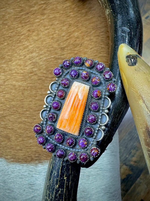 Handmade Native American Orange and Purple Spiny Oyster Statement Ring