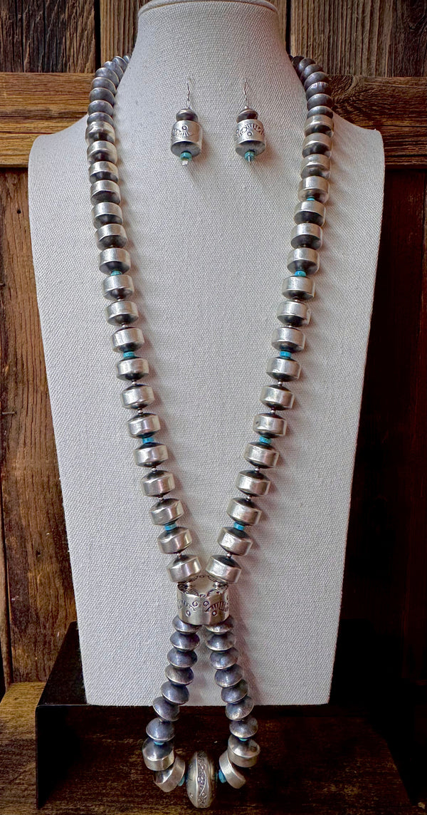 Handmade Native American Sterling Silver Navajo Pearl Lariat with Matching Earrings
