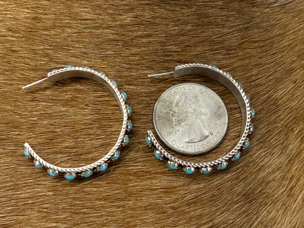Native American Turquoise Sterling Silver Hoop Earrings