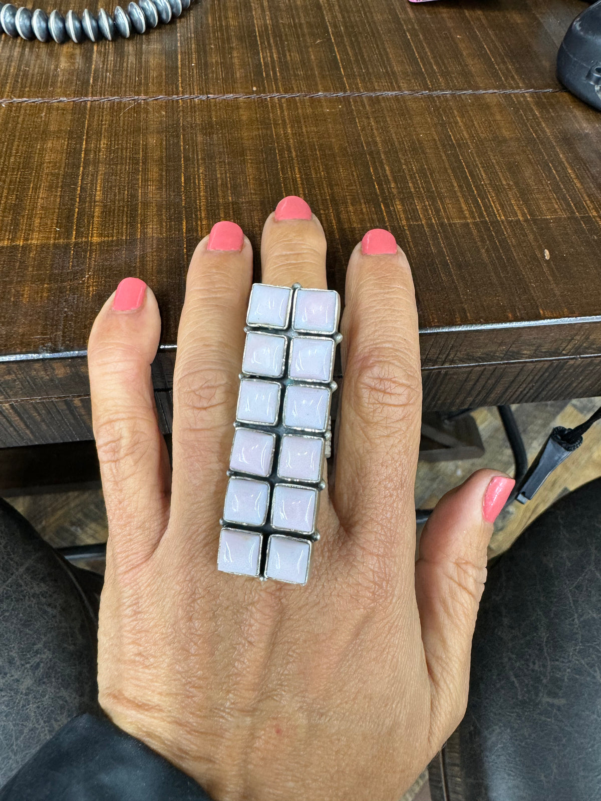 Native American Pink Conch Bar Adjustable Sterling Silver Statement Ring in Chanel Setting