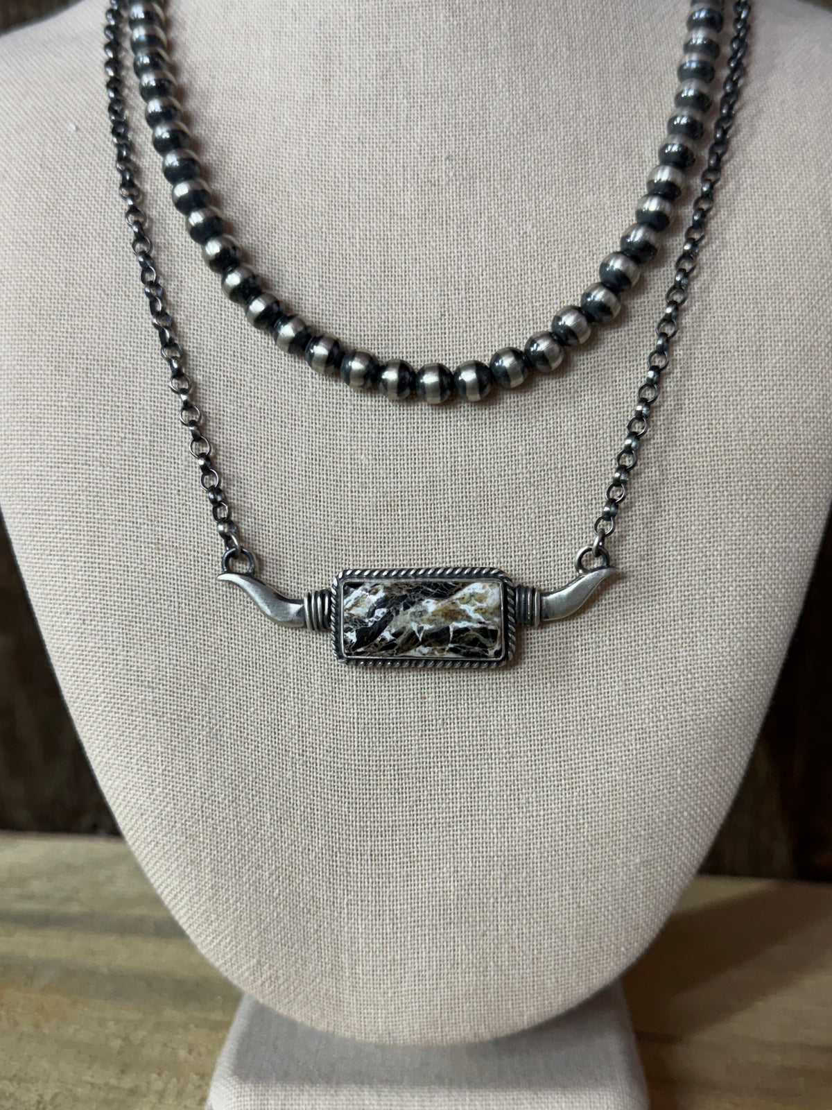 Native American White Buffalo Longhorn Sterling Silver Bar Necklace