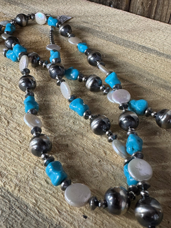 Native American Turquoise Pearl Sterling Silver Necklace