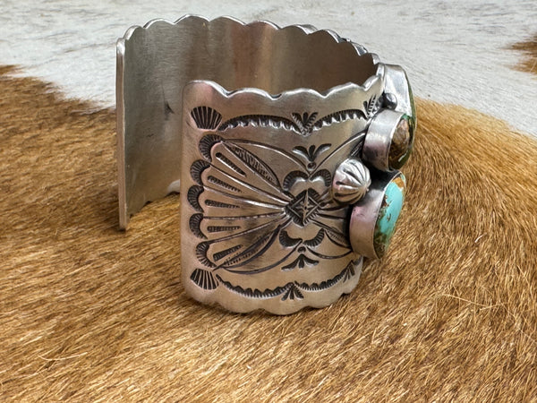 Native American Sterling Silver Turquoise Statement Cuff - Artist Signed