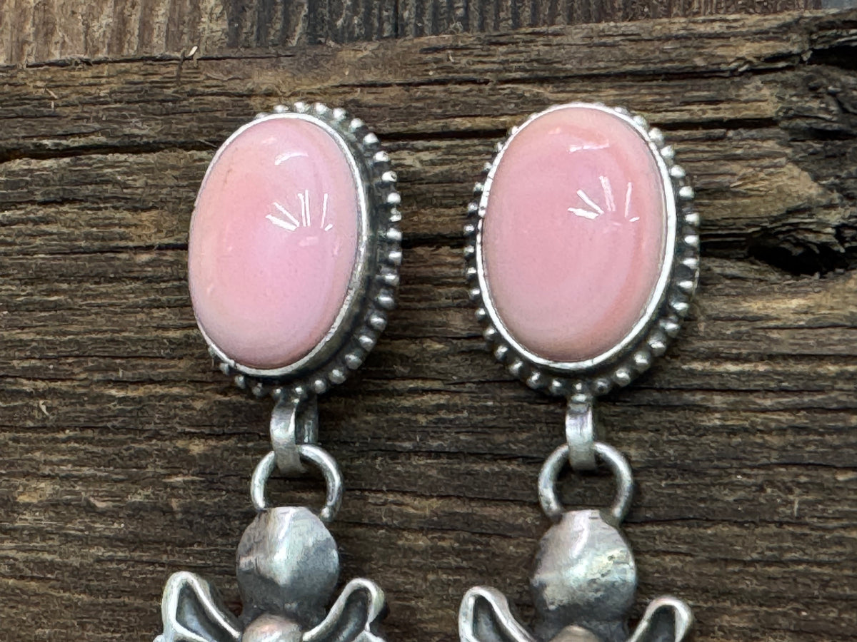 Native American Pink Conch Sterling Silver Bow Dangle Earrings