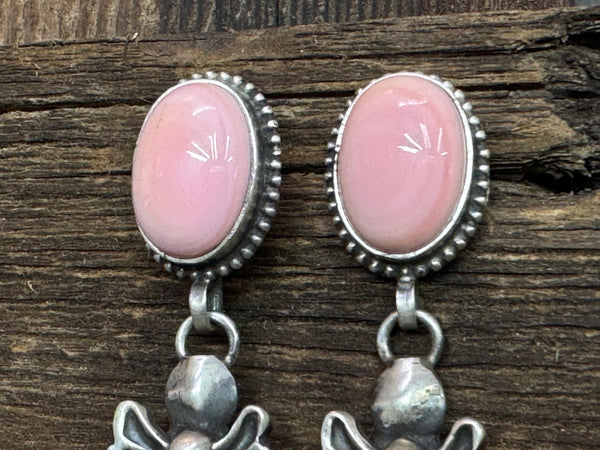 Native American Pink Conch Sterling Silver Bow Dangle Earrings