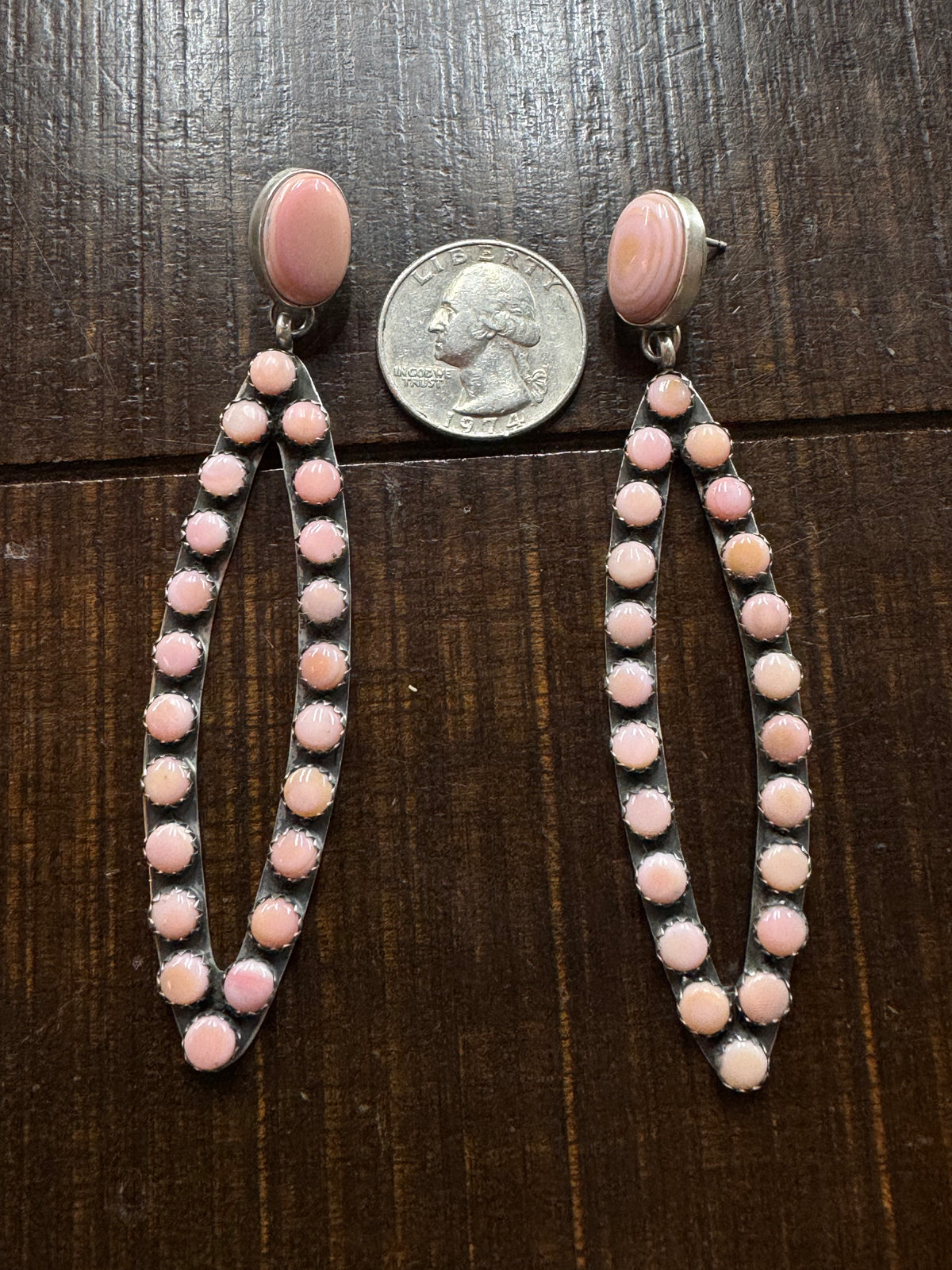 Native American Handmade Pink Conch Sterling Silver Dangle Earrings