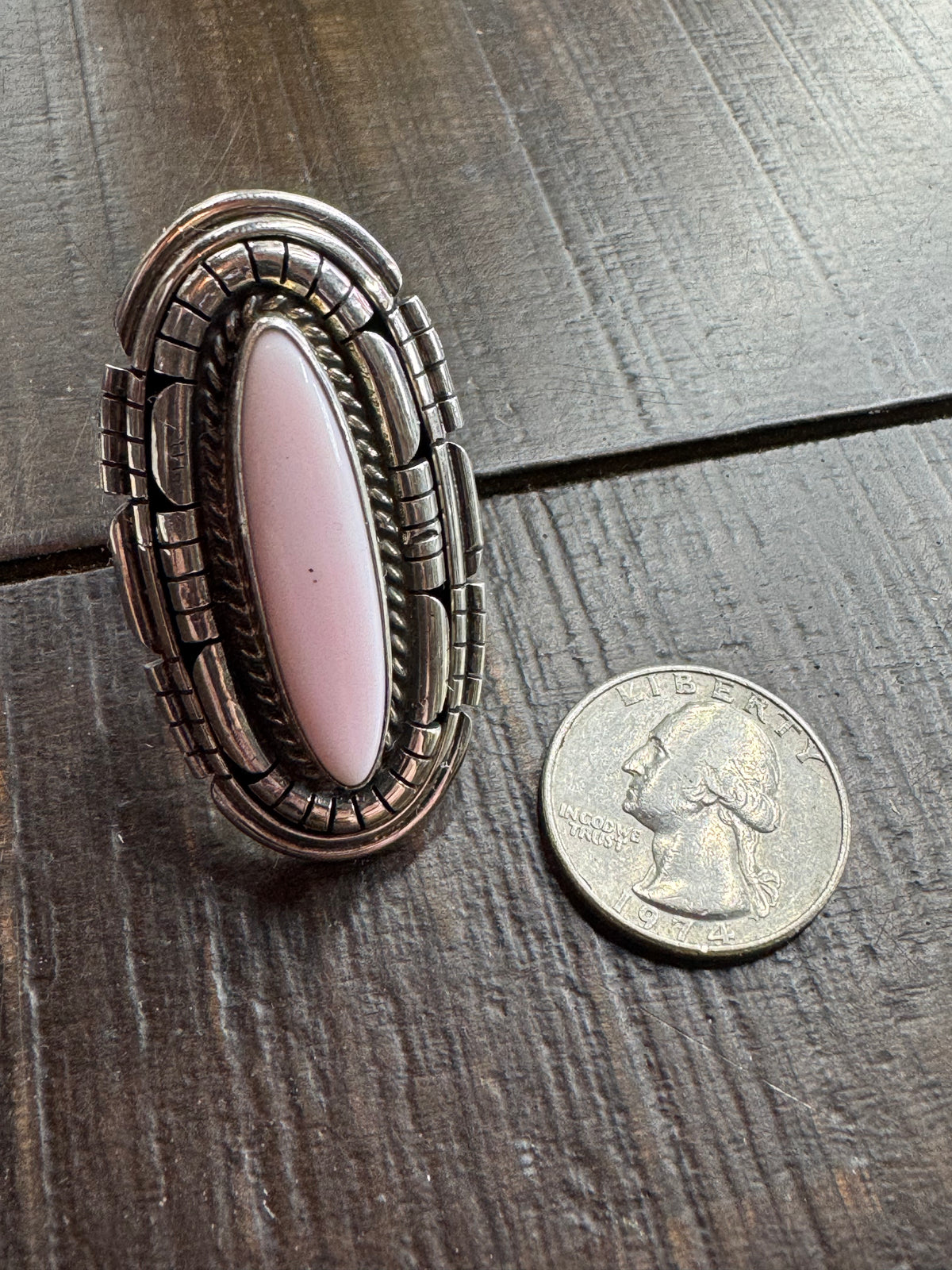 Native American Pink Conch Oval Sterling Silver Ring with Adjustable Band
