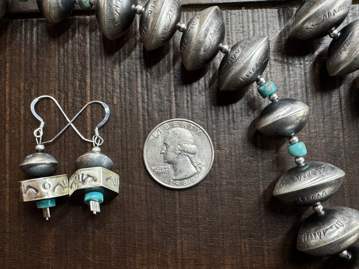 Handmade Native American Sterling Silver Disk Navajo Pearl Necklace and Earring Set