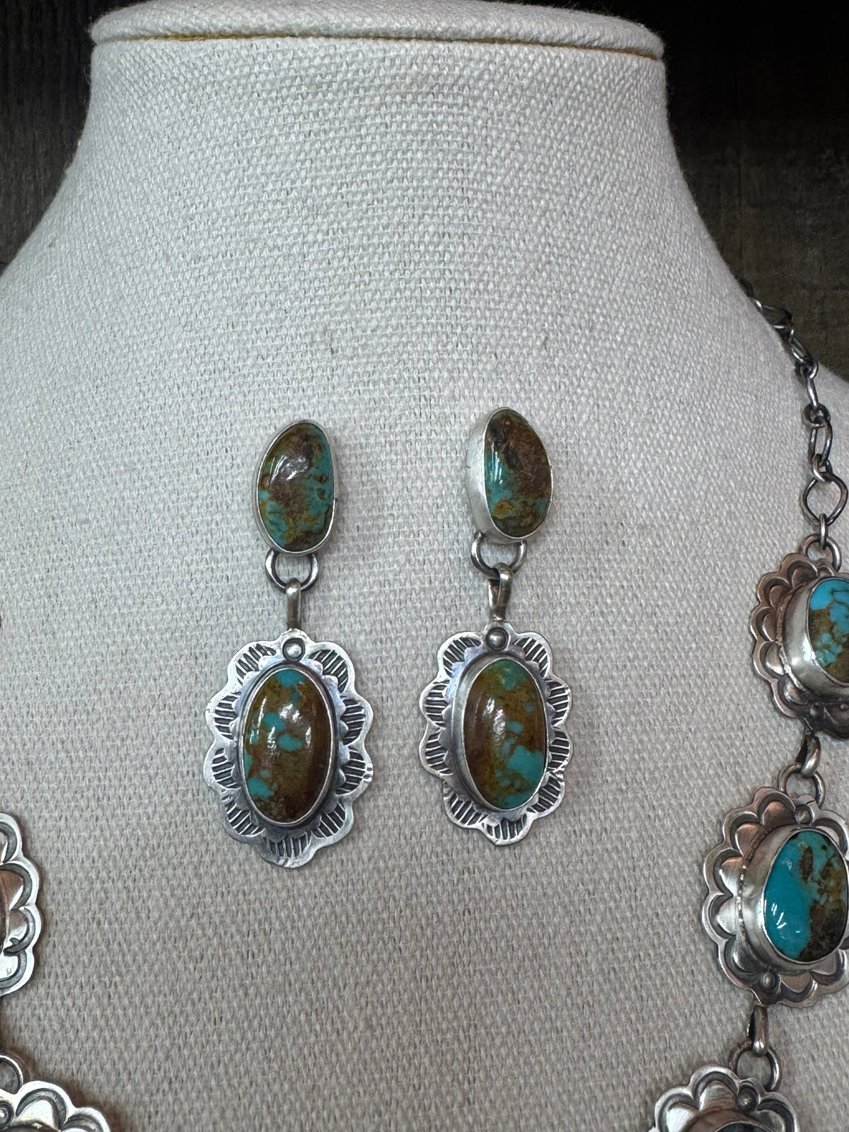 Handmade Native American Turquoise Sterling Silver Lariat Necklace with Earrings
