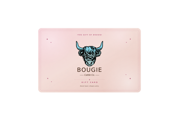 Gift card with a cow illustration and 'Bougie' branding on a pink background