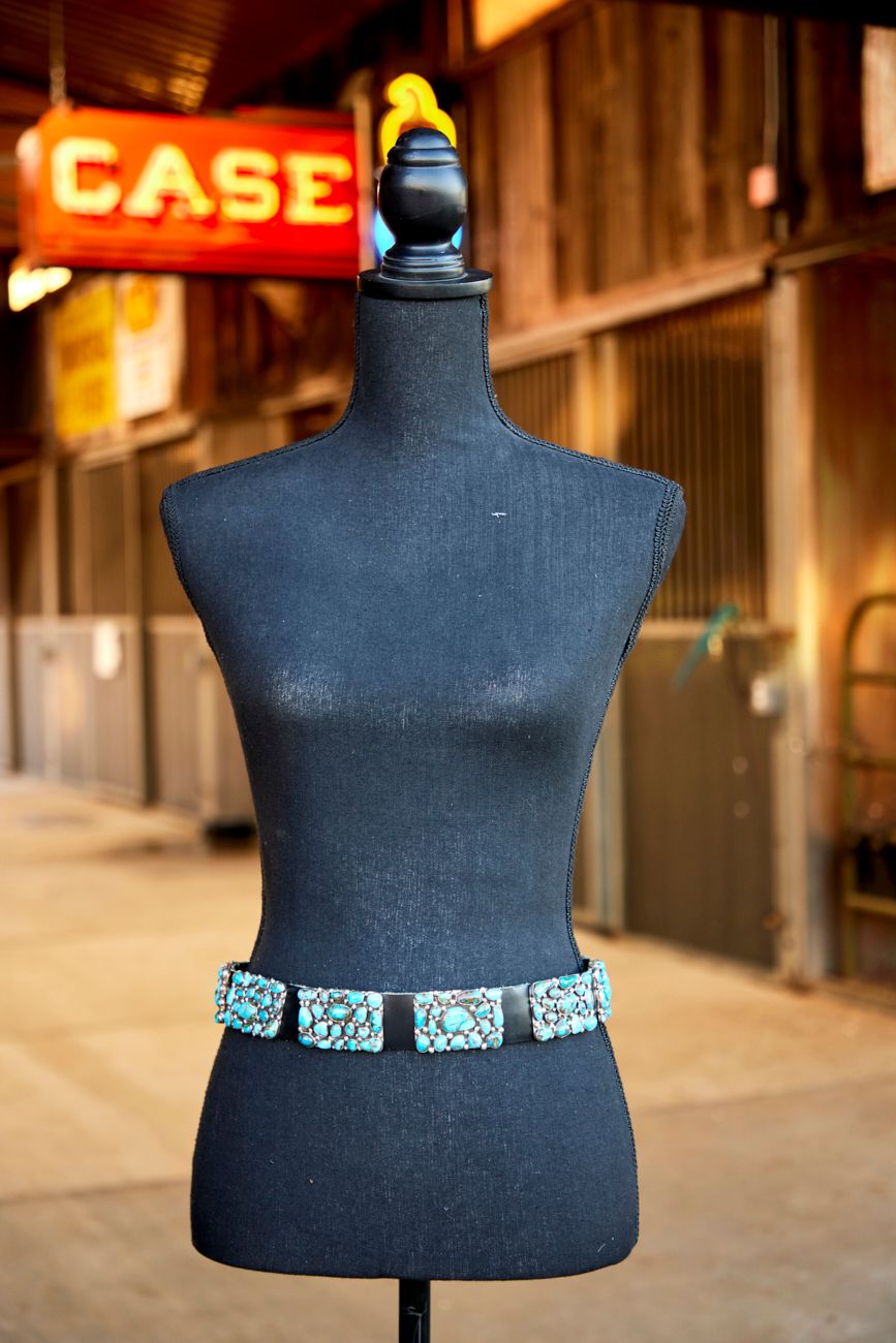Vintage Native American Sterling Silver Concho Belt with RARE Mountain Turquoise