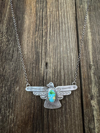 Russell Sam Handmade Native American Sterling Silver Thunderbird Necklace with Turquoise