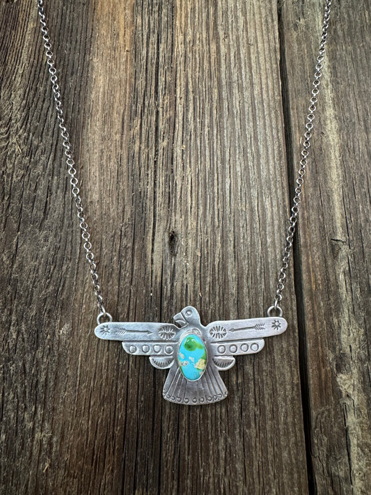 Russell Sam Handmade Native American Sterling Silver Thunderbird Necklace with Turquoise