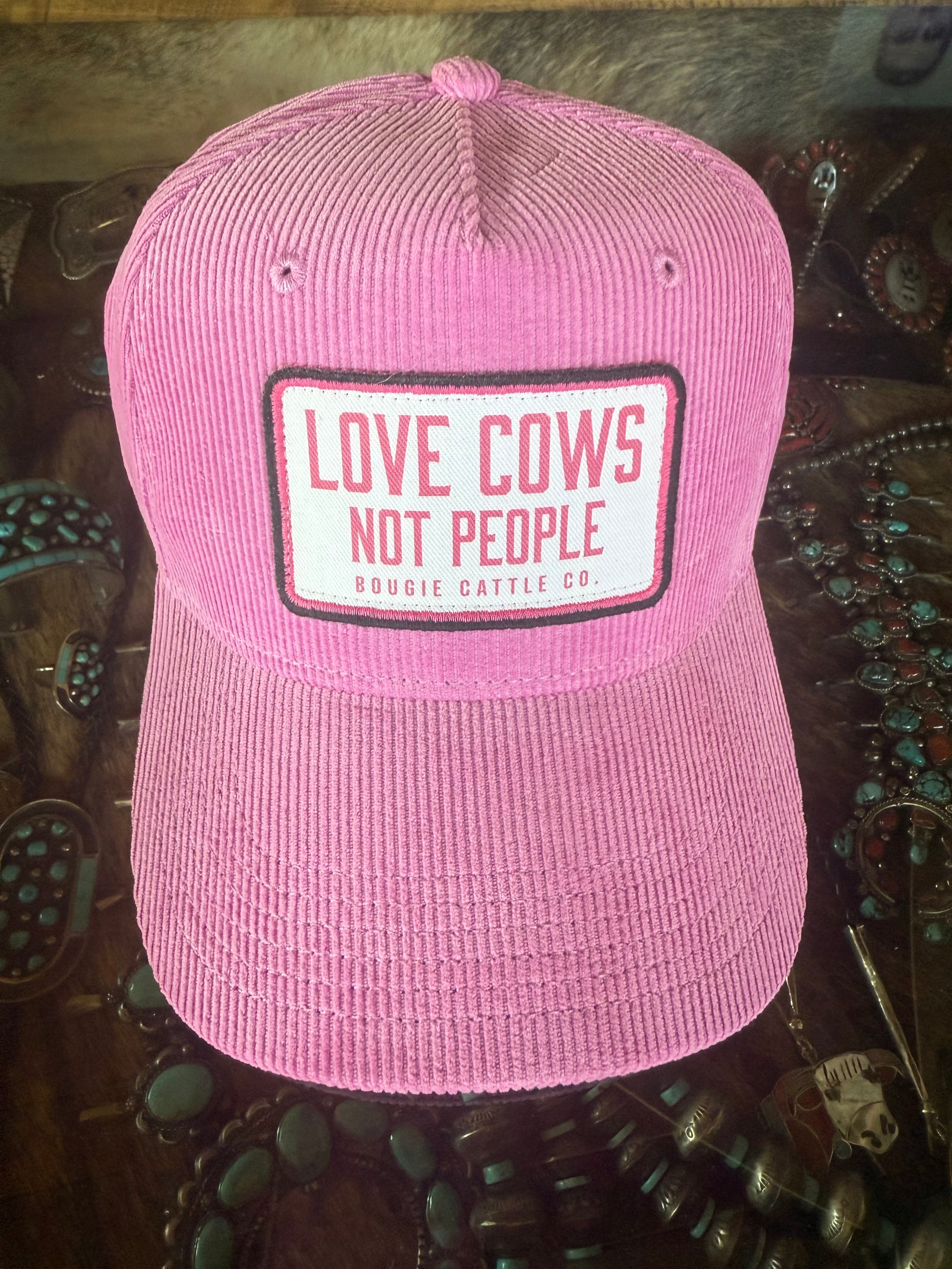 "Love cows, Not people" Pink Corduroy Patch Trucker Hat
