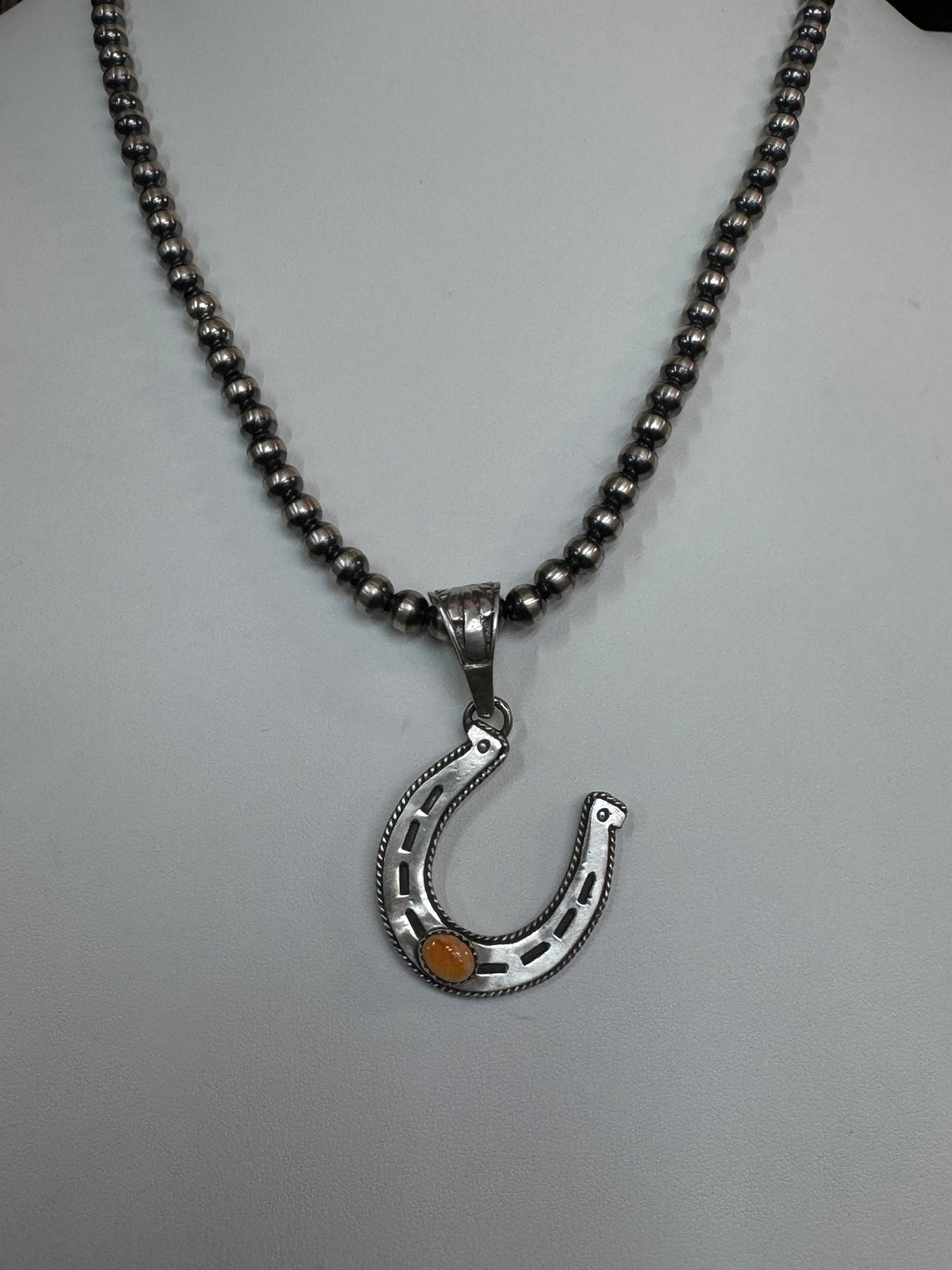 Native American Handmade Sterling Silver Horseshoe Pendant with Stone