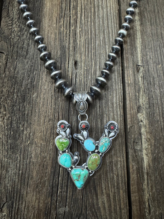 Native American Handmade Turquoise Cactus Sterling Silver Pendant