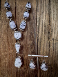 Native American White Buffalo Sterling Silver Lariat Necklace with Earrings